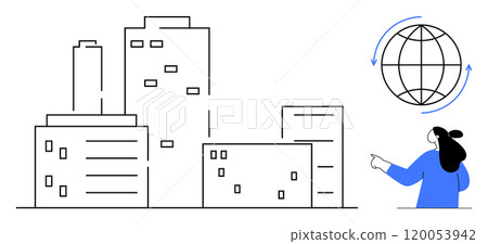 Outline of urban buildings and a person pointing at a rotating globe. Ideal for global communication, urban development, international business, real estate marketing, and educational presentations Outline of urban buildings and a person pointing at a rotating globe. Ideal for global communication, urban development, international business, real estate marketing, and educational presentations 120053942