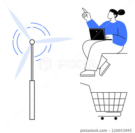 Woman holding laptop and pointing at wind turbine beside shopping cart Ideal for, technology sustainability eco-friendly shopping and renewable energy themes Modern minimalistic clean style Woman holding laptop and pointing at wind turbine beside shopping cart Ideal for, technology sustainability eco-friendly shopping and renewable energy themes Modern minimalistic clean style 120053945