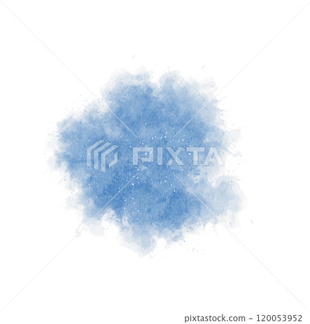 Watercolor blue abstract stain with white splashes, classic shape. Hand drawn colorful splashes isolated on white background. For printing, scrapbooking, background, design and printing 120053952