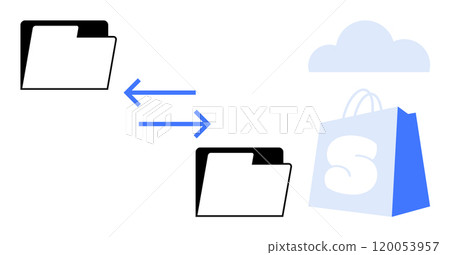 Two folders with left-right arrows, a cloud, and a shopping bag symbol. Ideal for data transfer, cloud storage, ecommerce, digital organization, and online business in minimalist vector style 120053957