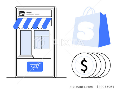 Digital storefront with blue awning and shopping cart symbol, blue shopping bag, and coins with dollar sign. Ideal for E-commerce, Digital Marketing, Online Shopping, Digital Payments, Small 120053964