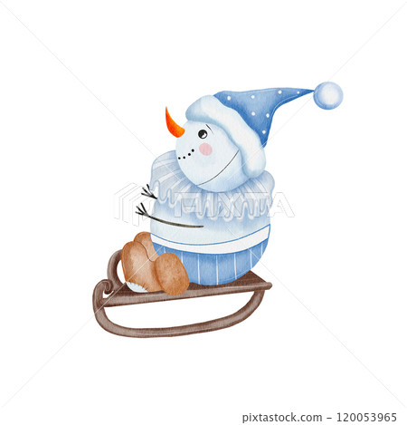 Christmas snowman in a Santa hat, sledding. Cute children's New Year character, hand drawn in watercolor. Isolated on a white background. Cartoon style. For design 120053965