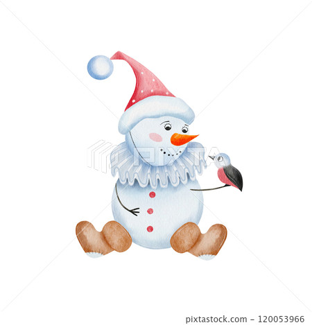 A Christmas snowman in a Santa hat sits and holds a bird in his hands. Cute children's New Year character, hand drawn in watercolor. Isolated on a white background. Cartoon style. For design A Christmas snowman in a Santa hat sits and holds a bird in his hands. Cute children's New Year character, hand drawn in watercolor. Isolated on a white background. Cartoon style. For design 120053966