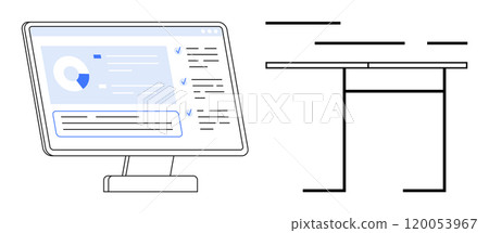 Computer screen displaying data beside a minimalist desk underscores themes of technology, workspace organization, productivity, data analysis, and modern design. Ideal for office settings Computer screen displaying data beside a minimalist desk underscores themes of technology, workspace organization, productivity, data analysis, and modern design. Ideal for office settings 120053967