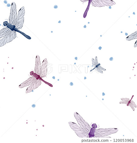 Set of dragonflies. Blue, pink and purple. painted in watercolor in a realistic style. Isolated on white background. Suitable for printing on fabrics. invitations. cards and for design 120053968