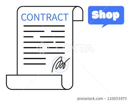 Contract document scroll with black text and signature at the bottom. Blue Shop notification bubble on the top right. Ideal for e-commerce, legal services, digital agreements, contracts, online 120053975