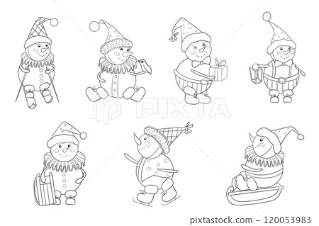 Set of vintage snowmen. Winter fun. Black and white vector hand drawn illustration in cartoon style. Christmas element for cards, print, banners and other design Set of vintage snowmen. Winter fun. Black and white vector hand drawn illustration in cartoon style. Christmas element for cards, print, banners and other design 120053983