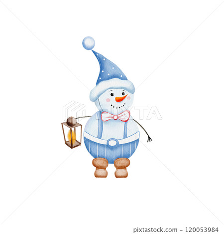 Christmas snowman in a Santa hat, with a lantern in his hands and pants. cute children's New Year character, hand drawn in watercolor. Isolated on a white background. Cartoon style. For design 120053984