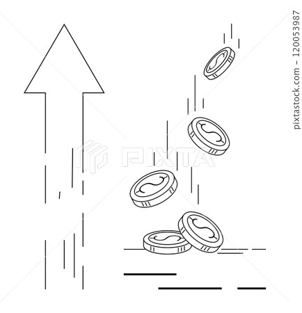 Coins falling next to an upward arrow. Ideal for economic growth, finance, profits, revenue increase, market success. Digital, minimalist style Coins falling next to an upward arrow. Ideal for economic growth, finance, profits, revenue increase, market success. Digital, minimalist style 120053987