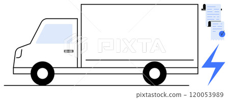 A simplistic graphic of an electric truck, with two documents and a blue electric bolt. Ideal for sustainable transport, business logistics, digital documentation, modern technology, eco-friendly 120053989