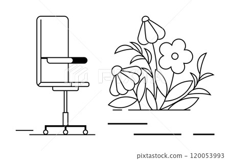 Office chair next to flowers with leaves and stems. Ideal for office spaces, nature themes, work-life balance concepts, minimalistic art, and interior design. Simple black outlines on a white 120053993