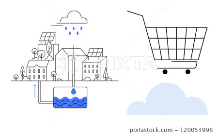 A cityscape with solar panels, rainwater harvesting system, and a shopping cart. Ideal for sustainability, renewable energy, eco-friendly living, urban planning, water conservation. Simple, clean 120053998