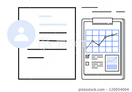 Two documents are placed side by side, one with a user icon and text, and the other with a line graph and checklists. Ideal for business, data analysis, reports, user profiles, and organizational Two documents are placed side by side, one with a user icon and text, and the other with a line graph and checklists. Ideal for business, data analysis, reports, user profiles, and organizational 120054004