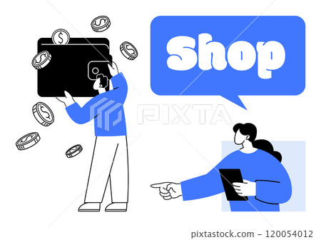 Person holding a wallet with floating coins. Another person points towards a speech bubble reading Shop. Ideal for e-commerce, online shopping, retail, finance, digital marketing, minimalist vector Person holding a wallet with floating coins. Another person points towards a speech bubble reading Shop. Ideal for e-commerce, online shopping, retail, finance, digital marketing, minimalist vector 120054012
