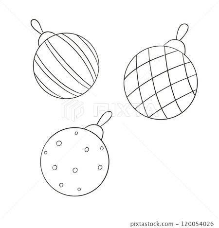 Set of Christmas balls in vintage style. Hand drawn outline illustration, black and white isolated. Vector. For cards, design. banners, invitations Set of Christmas balls in vintage style. Hand drawn outline illustration, black and white isolated. Vector. For cards, design. banners, invitations 120054026