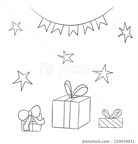 Vector set for the holiday. Hand drawn illustration of gifts, stars and garland. Black and white graphic composition. For banners, cards, invitations Vector set for the holiday. Hand drawn illustration of gifts, stars and garland. Black and white graphic composition. For banners, cards, invitations 120054031