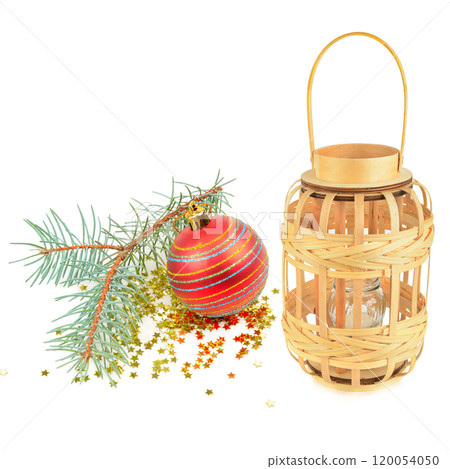 Wicker Candle Holder and Christmas Decorations isolated on a white Wicker Candle Holder and Christmas Decorations isolated on a white 120054050