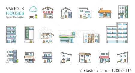 一組簡單可愛的向量插圖圖標，包括房屋、商店、公寓等建築物。 120054114