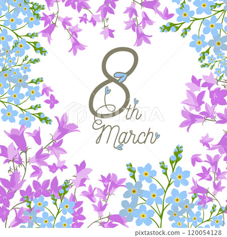 Happy women's day greeting card. Postcard on March 8 with flowers. Hand drawn. Not AI, Vector illustration 120054128