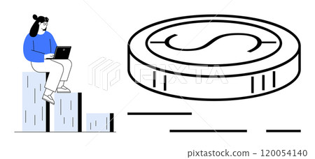 Person working on a laptop sitting on bar graph beside a large coin symbol. Ideal for financial growth, investment, business analysis, economic trends, and technology integration themes. Simple 120054140
