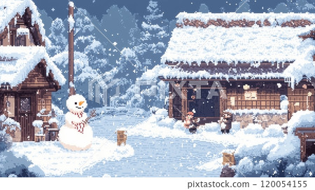 Traditional Japanese countryside winter scenery drawn in pixel art Traditional Japanese countryside winter scenery drawn in pixel art 120054155
