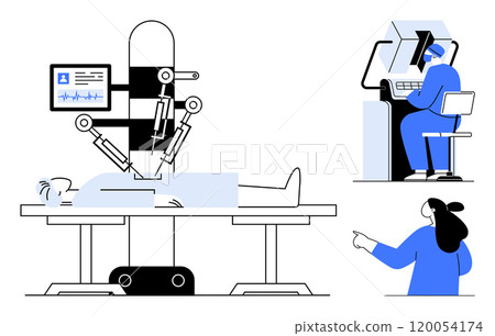 Robot performing surgery on a patient with medical staff remotely operating and observing. Ideal for innovative healthcare technology, remote medical operations, robotic surgery, telemedicine, future 120054174