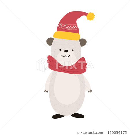Bear in knit hat and scarf in flat design. Cute animal celebrates Christmas. Vector illustration isolated. Bear in knit hat and scarf in flat design. Cute animal celebrates Christmas. Vector illustration isolated. 120054175