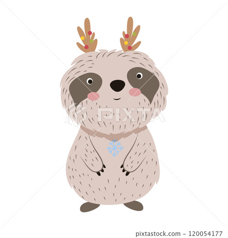 Sloth with Christmas antlers in flat design. Cute character celebrates holiday. Vector illustration isolated. Sloth with Christmas antlers in flat design. Cute character celebrates holiday. Vector illustration isolated. 120054177