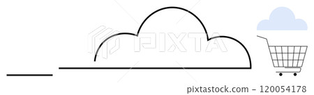Simple black and white outline of a cloud with a shopping cart underneath. Ideal for themes of cloud computing, online shopping, modern business, digital technology, and e-commerce platforms Simple black and white outline of a cloud with a shopping cart underneath. Ideal for themes of cloud computing, online shopping, modern business, digital technology, and e-commerce platforms 120054178