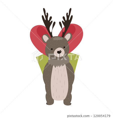 Bear with Christmas antlers in flat design. Cute mascot holds holiday gift. Vector illustration isolated. Bear with Christmas antlers in flat design. Cute mascot holds holiday gift. Vector illustration isolated. 120054179