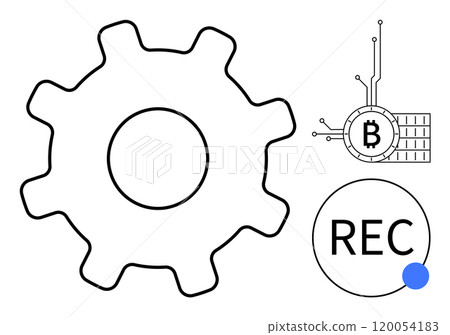 Large gear symbolizes technology and mechanics. Bitcoin symbol connected to circuit represents cryptocurrency. REC button signifies recording or data capture. Ideal for concepts like technology 120054183