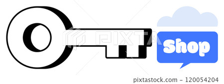 Large black key beside a blue cloud with white text spelling shop inside. Ideal for marketing, security, e-commerce, online shopping, branding. Simple vector style with clear, bold colors Large black key beside a blue cloud with white text spelling shop inside. Ideal for marketing, security, e-commerce, online shopping, branding. Simple vector style with clear, bold colors 120054204