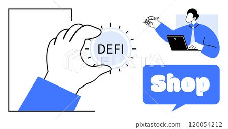 A hand holding a DEFI coin, a person at a laptop, and a shop speech bubble. Ideal for e-commerce, cryptocurrency, cybersecurity, digital business, finance, and professional services. Modern graphic 120054212