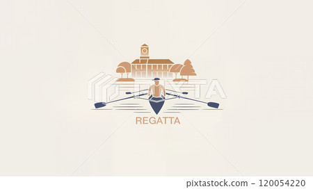 An illustration of a regatta logo with a rowboat and oars on calm water. The background contains a few trees and a buildings 120054220