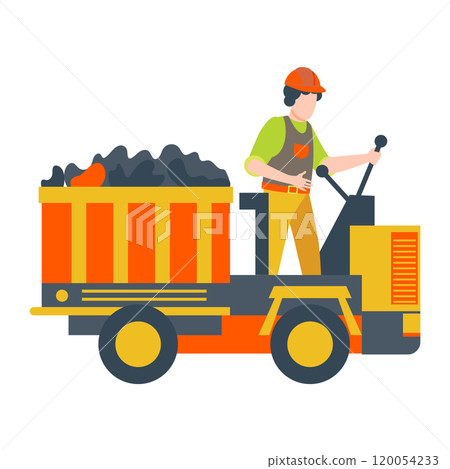 City street cleaning machinery in flat design. Man transporting garbage. Vector illustration isolated. 120054233