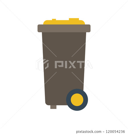 Trash bin with wheels and lid in flat design. Dump box for street cleaning. Vector illustration isolated. 120054236