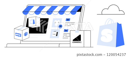Online shopping concept with a laptop screen displaying a storefront and various shopping icons including boxes and bags. Ideal for e-commerce websites digital marketing online stores web design 120054237