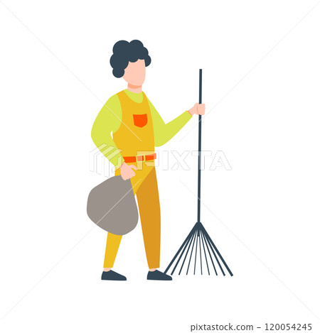 Man in uniform holds rake and trash bag in flat design. Street cleaning. Vector illustration isolated. Man in uniform holds rake and trash bag in flat design. Street cleaning. Vector illustration isolated. 120054245