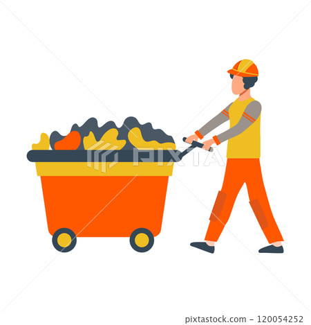 Man in uniform pushing trash can at wheels in flat design. Street cleaning. Vector illustration isolated. Man in uniform pushing trash can at wheels in flat design. Street cleaning. Vector illustration isolated. 120054252
