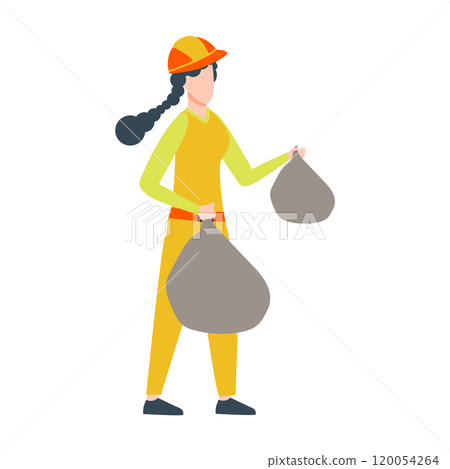 Woman with trash bags cleaning street in flat design. Professional city cleanup. Vector illustration isolated. Woman with trash bags cleaning street in flat design. Professional city cleanup. Vector illustration isolated. 120054264