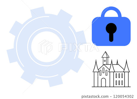 Gear, padlock, and castle. Ideal for security, engineering, technology, medieval, and protection themes. Simple minimal style 120054302