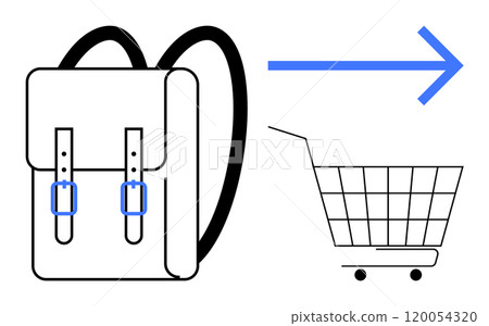 Minimalist drawing of a backpack with a shopping cart and an arrow. Ideal for shopping, travel, e-commerce, education, retail promotions. Simple flat style used with black and blue colours 120054320