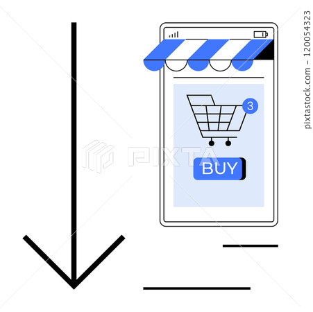 A mobile device screen with a striped blue and white awning, showing a shopping cart with notifications and a BUY button. An arrow symbol pointing down is placed beside it. Ideal for e-commerce 120054323