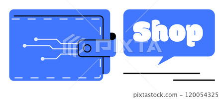 Wallet with digital circuit pattern and speech bubble with text Shop. Ideal for tech businesses, online shopping, e-commerce platforms, financial technology, digital payments. Simple modern vector Wallet with digital circuit pattern and speech bubble with text Shop. Ideal for tech businesses, online shopping, e-commerce platforms, financial technology, digital payments. Simple modern vector 120054325
