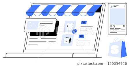 A storefront open on a laptop screen, alongside a smartphone, showcasing shopping icons and a blue shopping bag. Ideal for e-commerce, online retail, digital marketing, mobile shopping, web design A storefront open on a laptop screen, alongside a smartphone, showcasing shopping icons and a blue shopping bag. Ideal for e-commerce, online retail, digital marketing, mobile shopping, web design 120054326