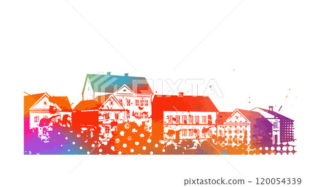 Colored city long panorama. hand drawing. Not AI. Vector illustration Colored city long panorama. hand drawing. Not AI. Vector illustration 120054339