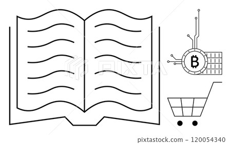 Open book, a Bitcoin symbol integrated with circuitry, and a shopping cart alluding to digital learning and e-commerce. Ideal for modern education, blockchain technology, cryptocurrency, e-commerce Open book, a Bitcoin symbol integrated with circuitry, and a shopping cart alluding to digital learning and e-commerce. Ideal for modern education, blockchain technology, cryptocurrency, e-commerce 120054340