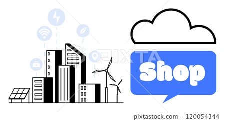 Modern cityscape with skyscrapers, wind turbines, solar panels, and technology icons. A blue cloud with the word Shop on the right. Ideal for sustainable cities, renewable energy, smart technology Modern cityscape with skyscrapers, wind turbines, solar panels, and technology icons. A blue cloud with the word Shop on the right. Ideal for sustainable cities, renewable energy, smart technology 120054344