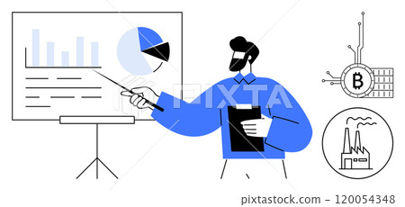 A person pointing at a chart on an easel with graphs and pie charts, holding a clipboard. Includes icons of Bitcoin and an industrial factory A person pointing at a chart on an easel with graphs and pie charts, holding a clipboard. Includes icons of Bitcoin and an industrial factory 120054348