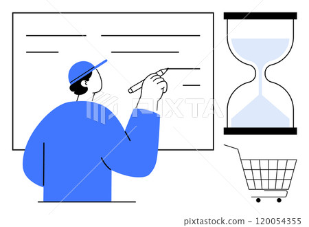 Shopping concept. Person writing on a board, an hourglass, and a shopping cart. Ideal for time management, online shopping efficiency, e-commerce, customer service, and productivity strategies. Flat Shopping concept. Person writing on a board, an hourglass, and a shopping cart. Ideal for time management, online shopping efficiency, e-commerce, customer service, and productivity strategies. Flat 120054355